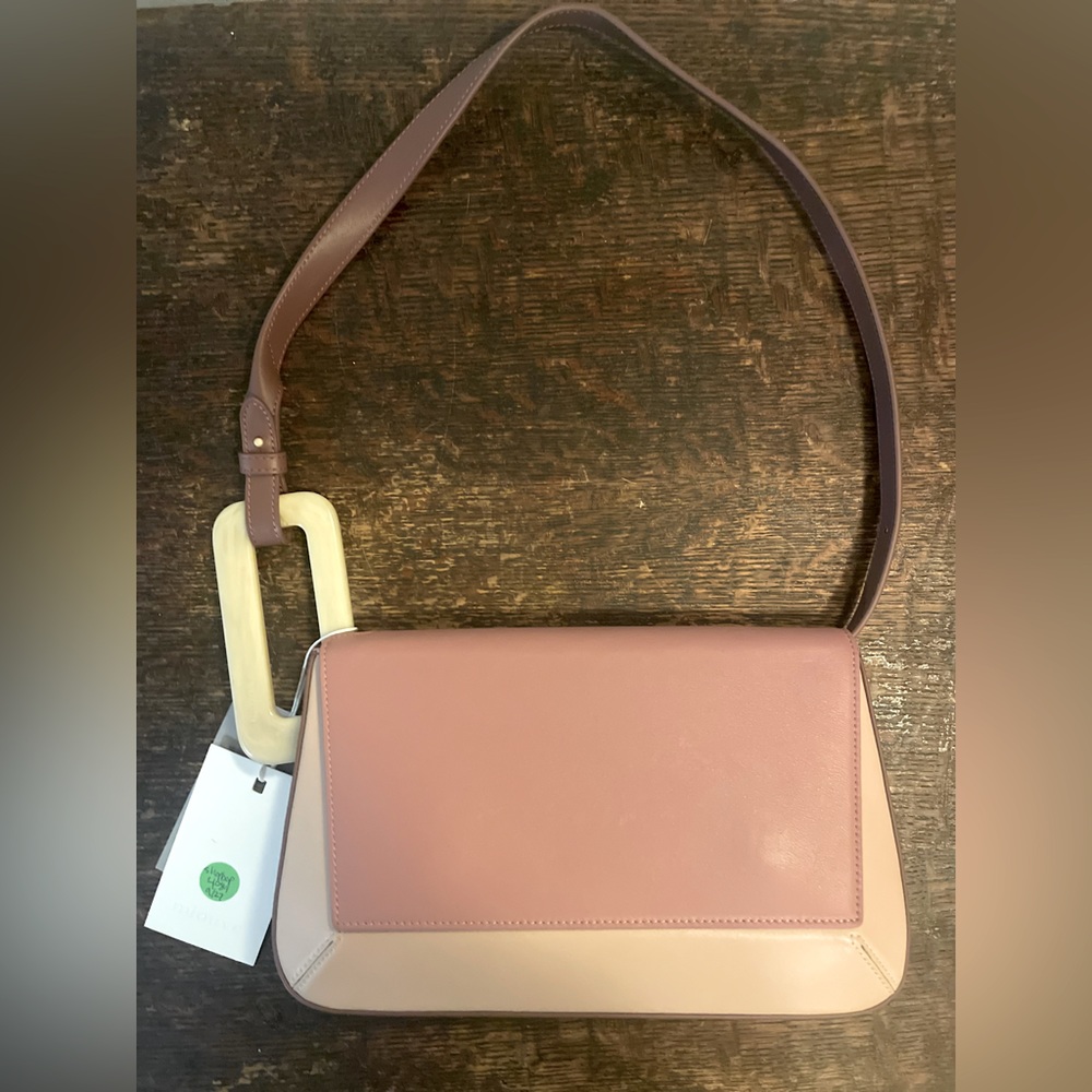 Myoule handcrafted leather bag. Model/ Studio. Colors Brown/Maroon/Dusty Pink